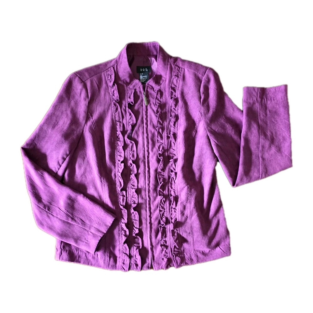 RQT Jacket Women Medium Plum Purple Ruffle Front Full Zip Lined‎ Mandarin Collar